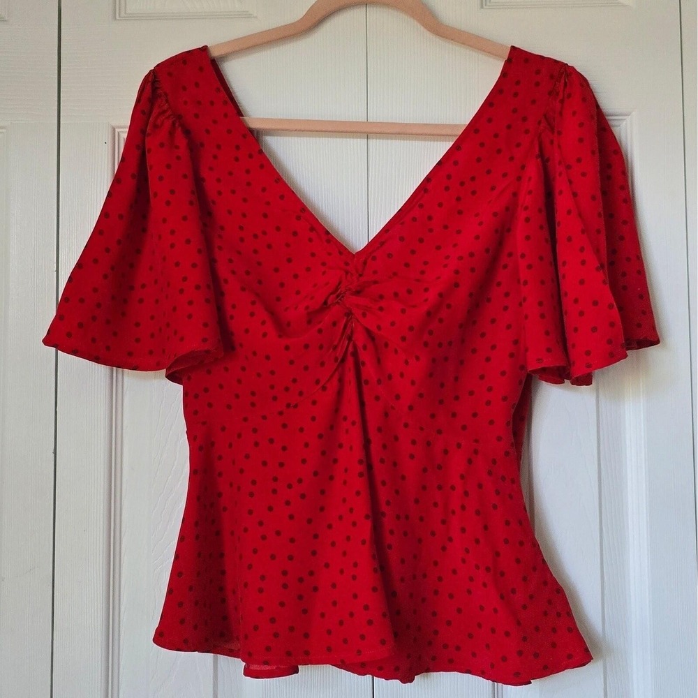 A New Day Red Polka Dot Tie Front Peplum Blouse XS Short Sleeve V-Neck Top